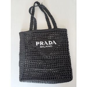 Prada Crochet Tote Bag Raffia Black Basket Triangle
